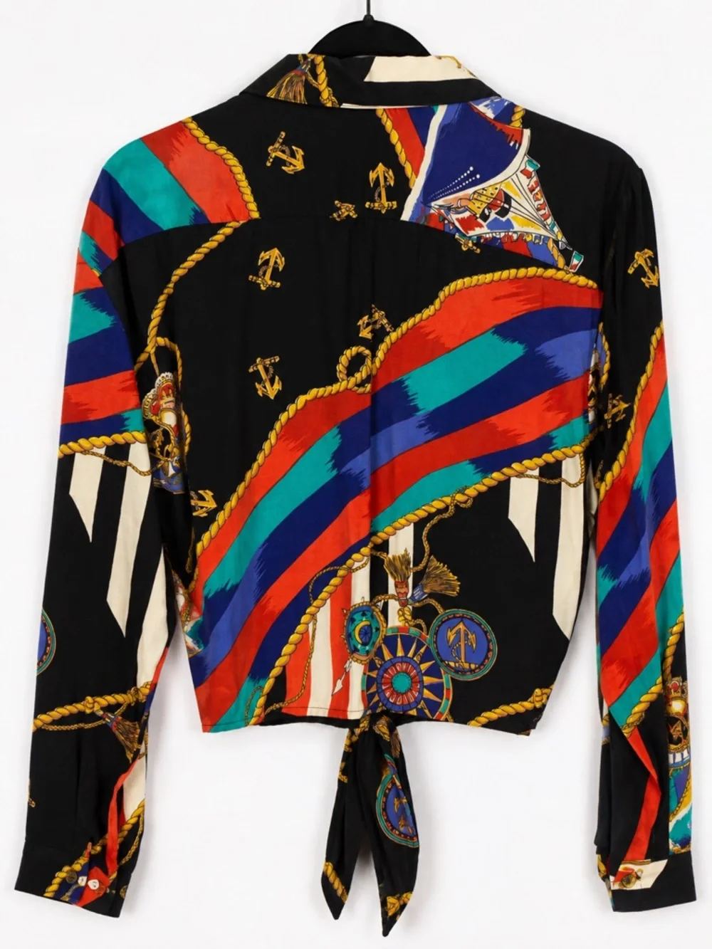 Women's Black Multi-Color Satin Button-Front Tie Blouse - Picture 3 of 15
